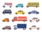 City transport cars. Urban car and vehicles, taxi, school bus, ambulance, fire engine, police and pickup truck. Flat
