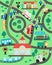 City transport map. Background with railway, roads, traffic signs for kids. Vector infographic elements with train, cars, truck,