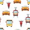 City transport seamless pattern.  Bright color cars, motorcycles, trams, buses.