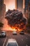 city under attack , explosion, fire, people running, traffic jam, apocalyptic illustration