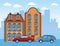 City urban scenery with classic buildings and sport cars, colorful design