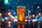 City vibes beer glass on table with colorful urban bokeh