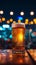 City vibes beer glass on table with colorful urban bokeh