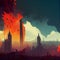 City View Burning Building Skyline Tower Castle with Fire Smoke Clouds Invasion Concept Painted Abstract Generative AI