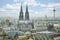 city view of cologne with cathedral, main station and museum ludwig in the foreground