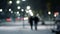 City view lights, falling snow, night street, bokeh spots of headlights of cars