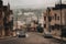 City view on a quiet street in Amman with parked cars on a foggy day, Jordan