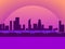 City view sunset. Cityscape with skyscrapers and train. Cyberpunk and retro futurism. Vector