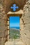 City view through the window of an ancient fortress