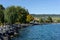 City and vineyards on the shores of the lake Leman in autumn