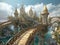 A city in water with a bridge, in the style of mythology-inspired architecture, with a bright sky in the background