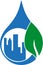 City, water drops and leaf, eco city and ecology logo, ecology logo