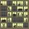 City window at night. Vector illustration of apartment buildings with windows. Different life situations, view from the window