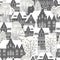 City Winter seamless pattern. European old architecture , houses trees snow. Vector illustration