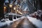 City winter snowy street decorated with luminous garlands and lanterns for christmas, urban preparations for new year, AI