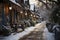 City winter snowy street decorated with luminous garlands and lanterns for christmas, urban preparations for new year, AI