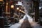 City winter snowy street decorated with luminous garlands and lanterns for christmas, urban preparations for new year, AI