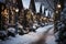 City winter snowy street decorated with luminous garlands and lanterns for christmas, urban preparations for new year, AI