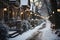 City winter snowy street decorated with luminous garlands and lanterns for christmas, urban preparations for new year, AI