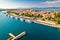 City of Zadar harbor and historic peninsula aerial view