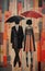 Citypunk: A Dadaist Painting Of Two Young Amanda Walking Under A Single Umbrella