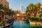 Cityscape with beautiful park with palm trees in Dubai, UAE