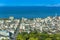 Cityscape of Beppu city and Beppu bay with blue sky background, Oita, Kyushu, Japan