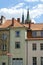 Cityscape of Bialystok, view of townhouses, red rooftops and towers of neo-Gothic Cathedral Basilica.