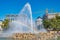 Cityscape Black Mountains Square Schwarzenbergplatz near Soviet Army Memorial and a fountain with rainbow in historical downtown