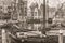 Cityscape, in black-and-white color - view of the canal and moored ship in the old district Delfshaven of Rotterdam