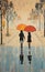 Cityscape Canvas: Two Girls Sharing An Umbrella In Nostalgic Orange And Amber Tones