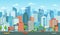 Cityscape with cars. City street with road, town buildings and urban car cartoon vector illustration