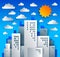 Cityscape cartoon vector illustration in paper cut kids application style, high city buildings real property houses and clouds in