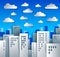 Cityscape cartoon vector illustration in paper cut kids application style, high city buildings real property houses and clouds in