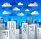 Cityscape cartoon vector illustration in paper cut kids application style, high city buildings real property houses and clouds in