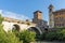 Cityscape with Castello Caetani, Tiber River and Pons Fabricius in city of Rome, Italy