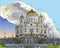 Cityscape of Cathedral of Christ the Saviour Moscow, Russia. Colorful vector hand drawing illustration