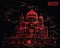 Cityscape of Cathedral of Christ the Saviour Moscow, Russia vector hand drawing illustration in red and beige color on