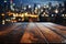 Cityscape charm Blurred sky, wooden table against the allure of nighttime buildings