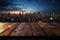 Cityscape charm Blurred sky, wooden table against the allure of nighttime buildings