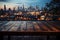 Cityscape charm Blurred sky, wooden table against the allure of nighttime buildings