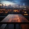 Cityscape charm Blurred sky, wooden table against the allure of nighttime buildings