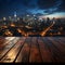 Cityscape charm Blurred sky, wooden table against the allure of nighttime buildings