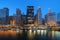 Cityscape of Chicago Riverwalk at Dusable bridge over Michigan rive