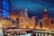 Cityscape of Chicago Riverwalk at Dusable bridge over Michigan rive