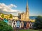 Cityscape with colorful houses and cathedral in Cobh Ireland