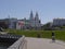 Cityscape with a cycle path in the center of the city, on the coast of the River Svislach. Minsk.