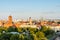 Cityscape of downtown of Berlin with the Red Town Hall and  tower of St. Nicholas` Church under sunset. Aerial view from Berlin