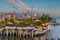 Cityscape of downtown Manhattan skyline with the Little Island Public Park in New York City