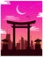 Cityscape flat design minimalist at night, shooting star and crescent moon